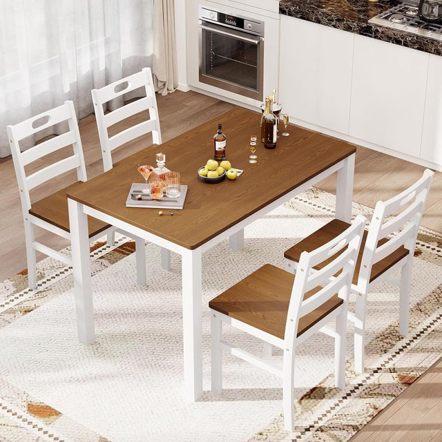 PHI VILLA Dining Table Set for 4, Solid Wood Farmhouse Kitchen Table Chairs Set of 4, 5 Piece Space-Saving Dining Room Table Set for Apartment, American Walnut& White