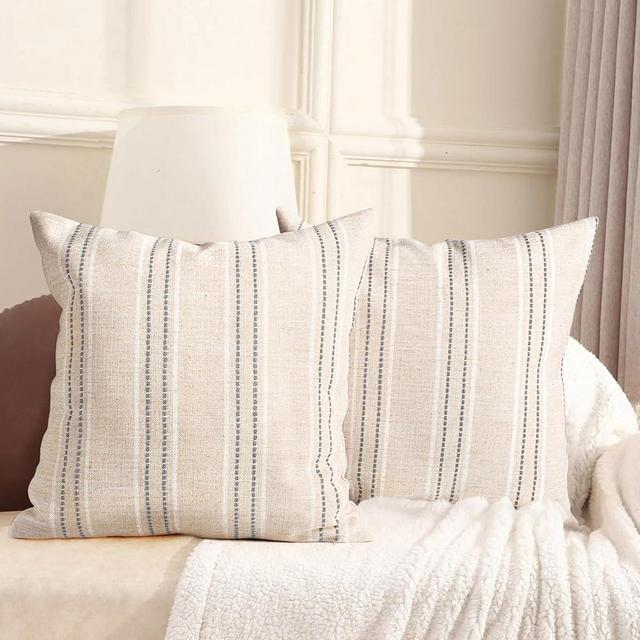 AELS 26x26 Decorative Farmhouse Linen Throw Pillow Covers, Boho Textured Pillow Case, Set of 2, Beige with White & Gray Stitch Yarn Dyed Stripe Cushion Cover for Sofa Couch Living Room (Cover ONLY)