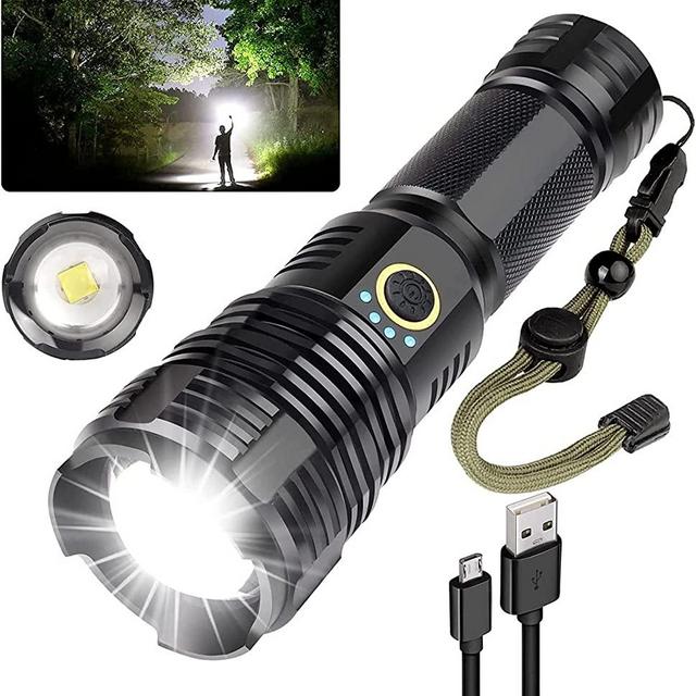Rechargeable Flashlights High Lumens , 100000 Lumen Super Bright Flashlight, XHP70 Tactical Flashlight with 5 Modes ,Zoomable IPX6 Waterproof for Camping, Hiking, Emergencies, Outdoors (Grey)