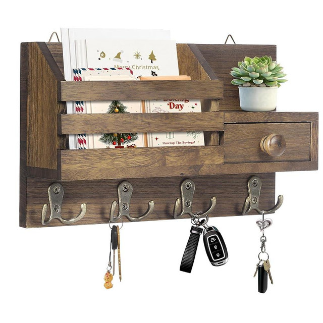 HOMEBROS Key Holder Wall Mount, Wooden Adhesive Mail and Key Organizer with Drawer, Small Shelf, 8 Hooks, 2 Installation Methods, Brown