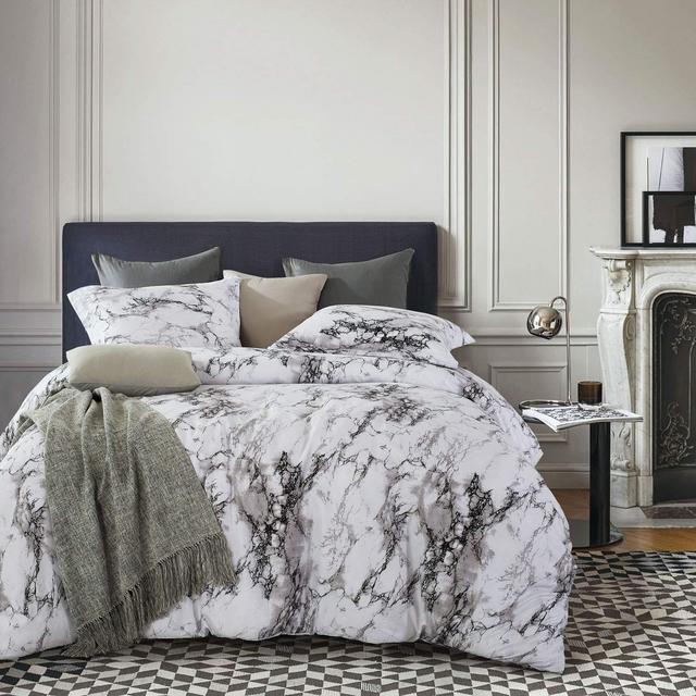 Wake In Cloud - Marble Comforter Set, Gray Grey Black and White Pattern Printed, Soft Microfiber Bedding (3pcs, King Size)