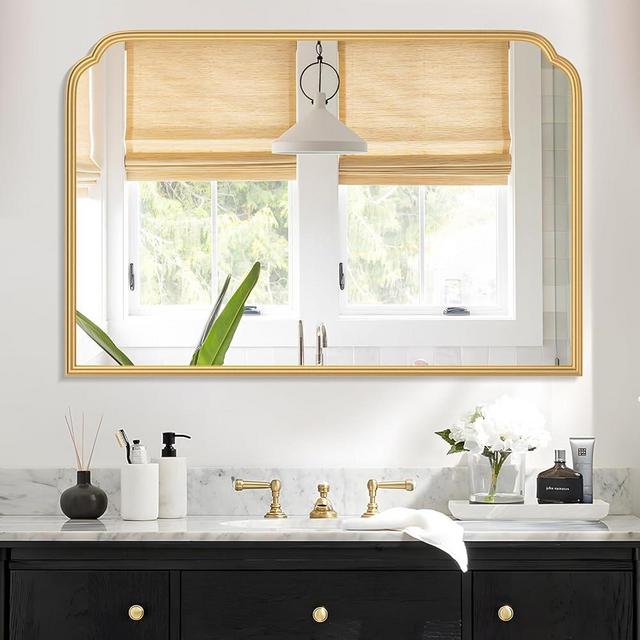 Ferytange 36X24 Inch Gold Bathroom Vanity Mirror for Over Sink, Modern Rounded Corner Fireplace Decor Mirror with Non-Rusting Iron Metal Framed