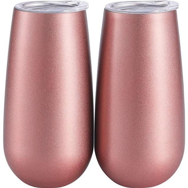 2 Packs Double-insulated Stemless Champagne Flutes Wine Tumbler, Unbreakable Cocktail Cups Reusable Champagne Toasting Glasses with Lids (Rose Gold, 6 OZ)