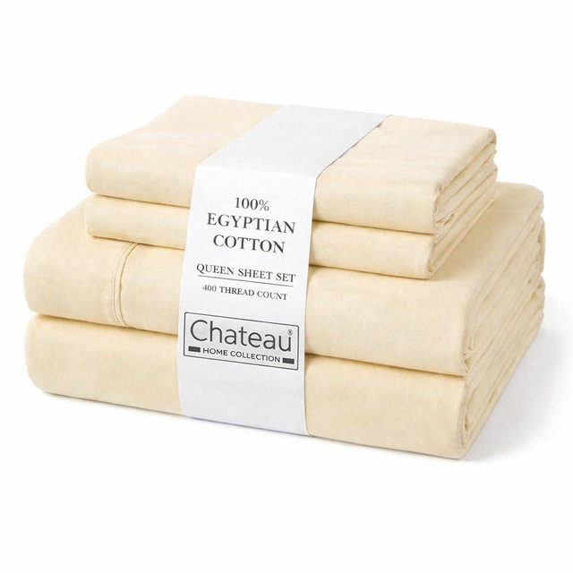 CHATEAU HOME COLLECTION Queen Egyptian Cotton Sheet Set – 400 Thread Count Sateen Sheets, Soft & Breathable, Deep Pocket Fit, 4-Piece Bedding Set, Ivory