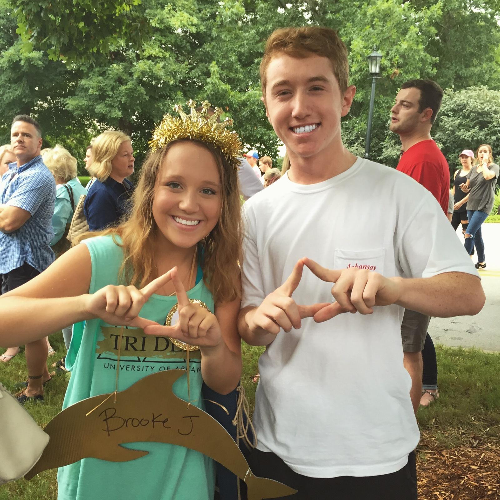 Bid Day 2016-

Our first picture together!! Alex came to celebrate Brooke pledging Tri Delta at the University of Arkansas. Alex had previously  pledged Kappa Alpha Order in August 2015.