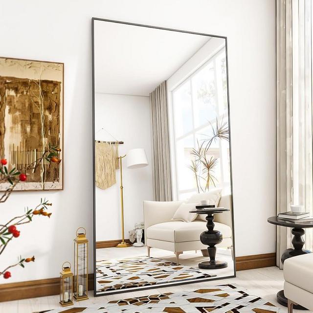 VooBang Large Full Length Mirror 78" x 35" - Shatterproof Floor Full Body Mirror with Aluminum Alloy Frame, Freestanding, Hanging, or Wall-Leaning, for Bedroom, Living Room, Dressing Room, Black