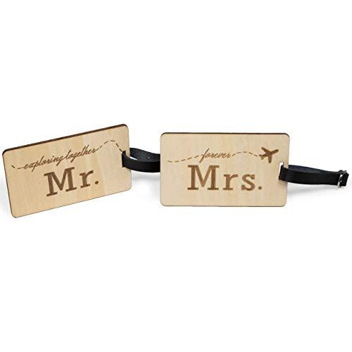 Mr Mrs Wooden Luggage Tags Travel Cute Couples Gift Real Leather Belt - 2 Pack