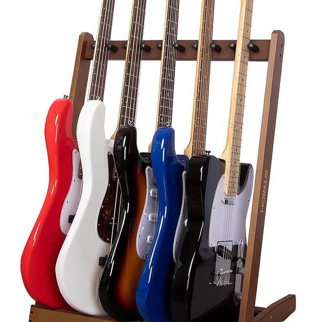 STRICH Guitar Stand for Multiple Guitars, Wood Guitar Rack for 5 Electric Guitar Bass, or 3 Acoustic Guitars, Padded Floor Guitars Display Holder for Home, Studio, Stage, SMT-10 Standard