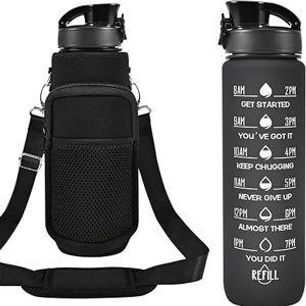 32 oz Water Bottles with Straw & Strap, Motivational Water Bottles with Times to Drink, BPA Free Reusable Sports Water Bottle with Sleeve Carrier for Hiking, Travel, Running or Fitness