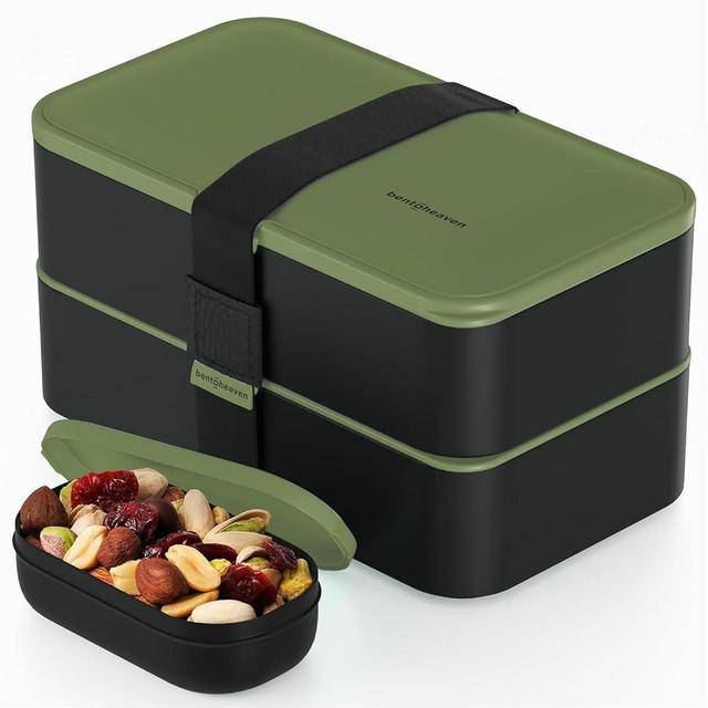 Bentoheaven Premium Bento Box Adult Lunch Box with Compartments for Women & Men, Set of Utensil & Chopsticks & Dip Container, Cute Japanese Kids Bento Lunch Box, Microwavable (Olive Garden)