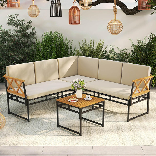 Costway 4 Piece Outdoor Sectional Sofa Set L-Shaped Metal Conversation Set with Cushions
