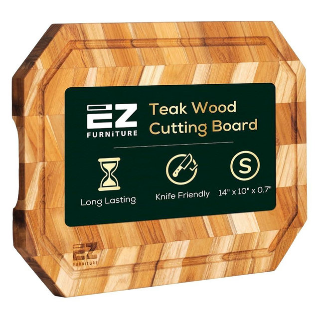 EZ FURNITURE 14 x 10 Inch Herringbone Teak Cutting Board, Wood Cutting Board with Juice Groove and Handles, Reversible, Suitable for Chopping Meat, Vegetables, Aesthetics for The Kitchen
