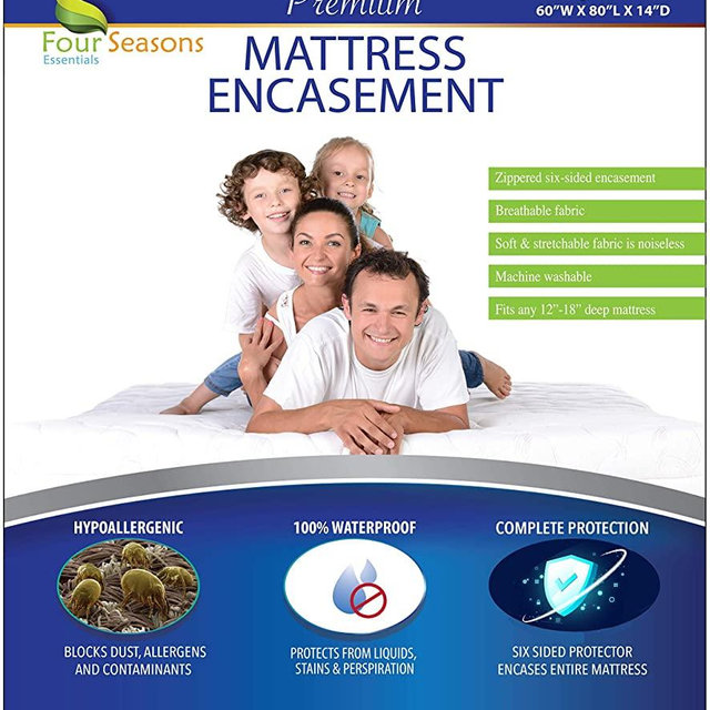 Four Seasons Essentials Queen Mattress Protector Waterproof Zippered Cover Hypoallergenic Premium Quality Encasement Protects Against Dust Allergens