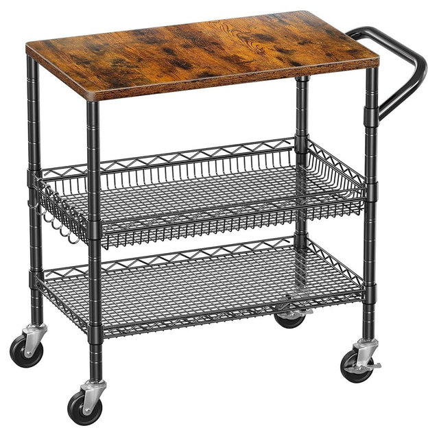 WDT 3 Tier Rolling Carts with Wheels, Heavy Duty Rolling Utility Cart with Wood Tabletop, Commercial Grade Metal Cart with Handle and Hooks, NSF Storage Serving Carts for Kitchen Island, Wood+Metal
