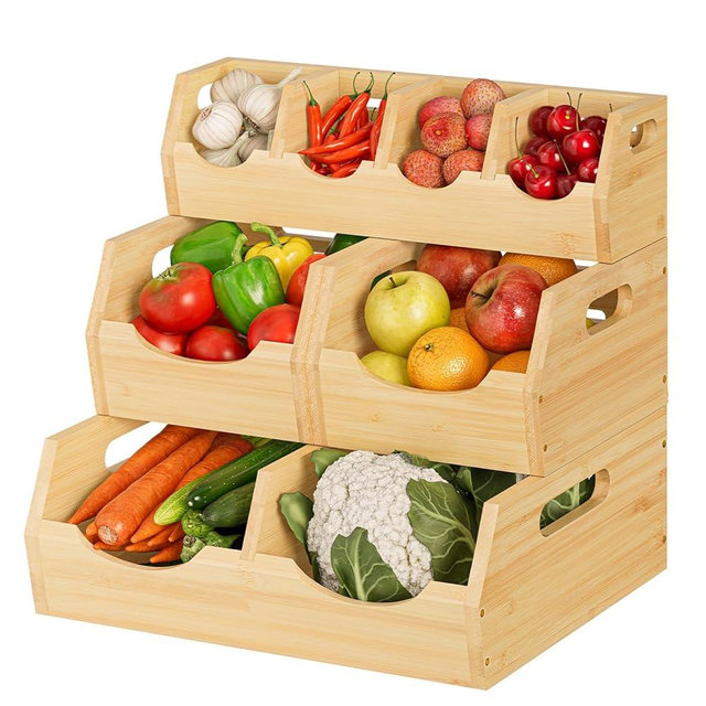 MTGSTOCL Upgraded 3 Tier Bamboo Pantry Storage Bins - Stackable Potato and Onion Storage Bin, Storage Baskets Airflow Vent Vegetable and Fruit Organizer with Handle, for Kitchen, Livingroom,Bathroom