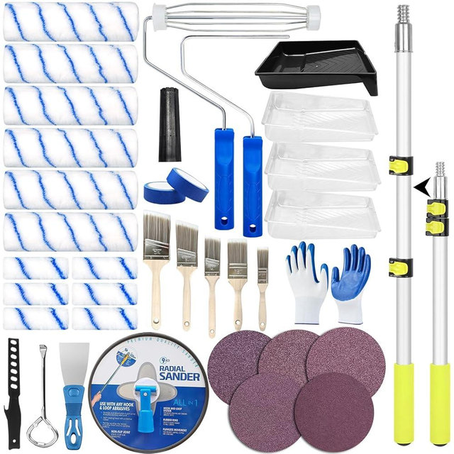 37 PCS Paint Roller Kit with Extension Pole 2 to 4 Ft,9"4"Paint Rollers Covers Frame Drywall Sander Tray Professional Long Handle Paint Brush Roller Set for Painting Walls House Corner Stain Concrete