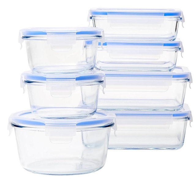Amazon Basics Leak-Proof Glass Locking Lids Food Storage Containers, 14-Piece Set, 7 Count of Bases and 7 Plastic Lids, Clear, Blue, BPA Free, Dishwasher & Microwave Safe, for Meal Prep & Freezer