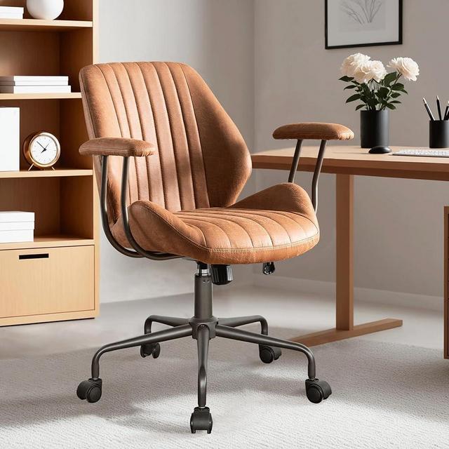 ovios Ergonomic Home Office Chair, Mid-Century Modern Leather Chair, Mid Back Swivel Rolling Executive Chair with Armrest Wheels, Comfy Task Computer Desk Chair (Brown, Suede Leather)