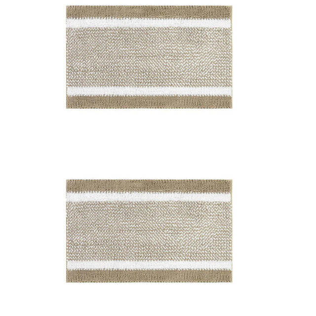 Unique Bargains Chenille Striped Soft Plush Non-Slip Shaggy Bathroom Rug Mat 2 Pcs Khaki 16" x 24"/20" x 32"