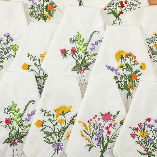 Tioncy 12 Pcs Wildflower Party Cloth Napkins Spring Summer Embroidered Flower Napkins Bulk Embroider Floral Linen Cocktail Botanical Cloth for Wedding Bridal Baby Shower Tea Party Gifts (White)