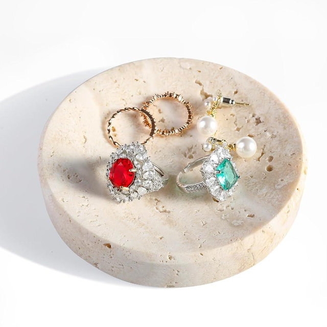 Koville Small Travertine Jewelry Dish, 4" Round Trinket Dish for Ring Necklace Earring, Beige Travertine Soap Dish for Bathroom Kitchen, Natural Stone Small Decorative Dish