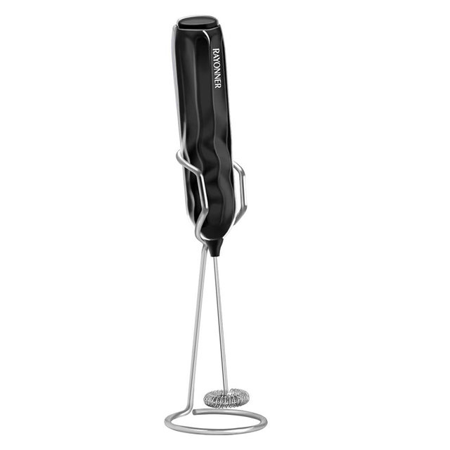 RAYONNER Milk Frother Handheld Fast Powerful Drink Mixer with Stainless Steel Whisk for Coffee, Battery Operated (Black with Stand)