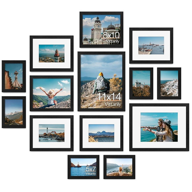 Vittanly Picture Frames Set of 14, Gallery Wall Frame Set with 2Pcs 11x14, 6Pcs 8x10 and 6Pcs 5x7 Photo Frames, Picture Frames Collage Wall Decor for Wall or Tabletop Display, Black