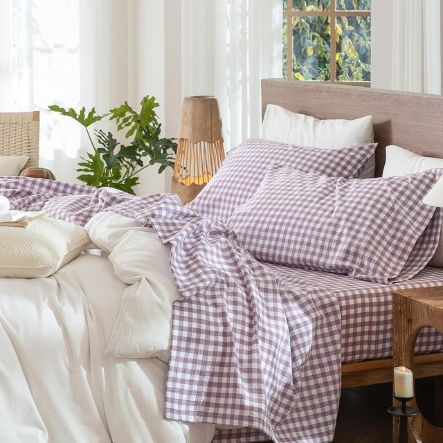 MooMee Gingham Sheet Set 100% Washed Cotton Linen Like Textured Breathable Soft w/Fully Elasticized 16-19" Deep Pocket (Classic Gingham Light Purple, King)