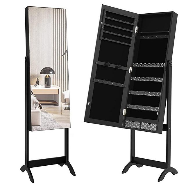 YITAHOME 2 in 1 Jewelry Cabinet with Full Length Mirror, Standing Large Capacity Jewelry Armoire Organizer with 2 Drawers, 3 Angle Adjustable,Black