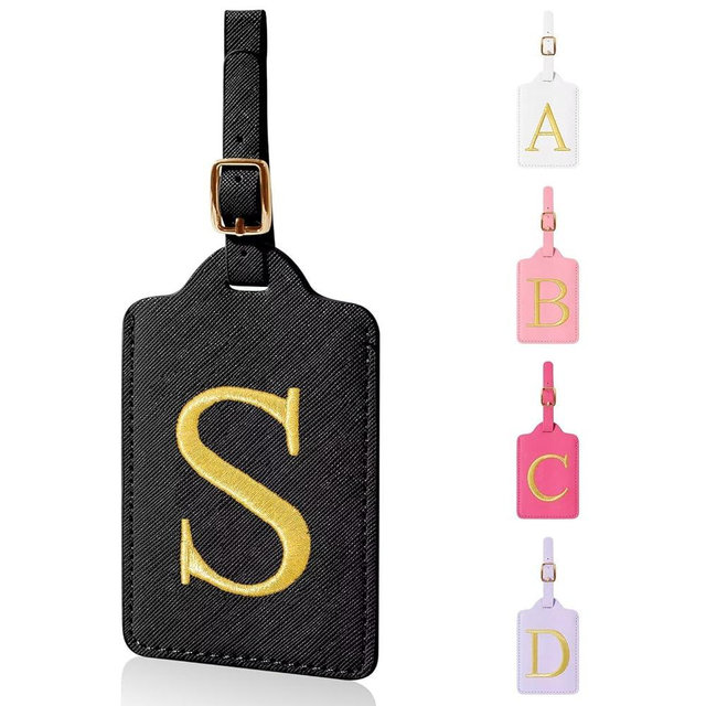 Personalized Initial Luggage Tags for Suitcases,Leather Letter Cute Luggage Tags with Privacy Name Card,Embroidered Monogrammed Travel Bag Backpack Tag Gifts for Women Kids Girls Teens(Black-S)