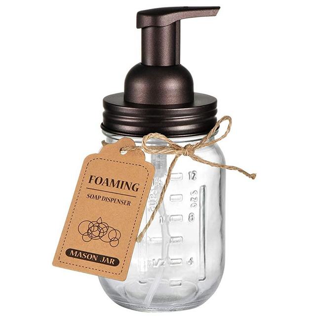 Amolliar Mason Jar Foaming Soap Dispenser - Rustproof Stainless Steel Lid/BPA Free Foam Pump,with Chalkboard Labels - Rustic Farmhouse Decor Hand Soap Dispenser Bathroom Accessories – Bronze (1 Pack)