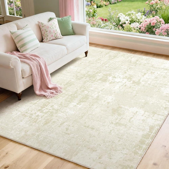 jxgzyy Washable Area Rug 6x9, Non Slip Large Living Room Rug, 0.2'' Low Pile Soft Carpet for Bedroom, Stain Resistant Rug for Dining Table, Modern Abstract Fresh Forest-Style Beige Green