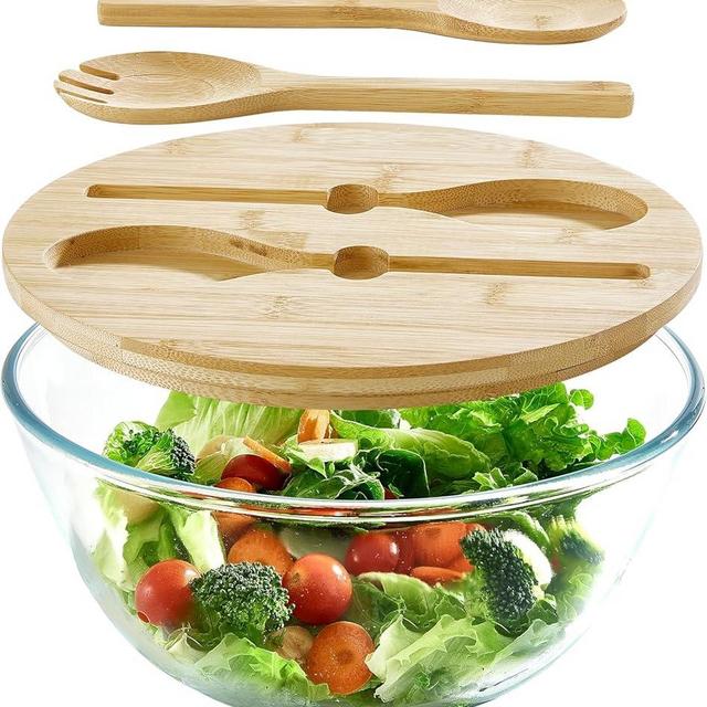ECWAY Glass Salad Bowl With Sealing Bamboo Lid, 4.7 Quart Large Serving Bowl Thick Glass Fruit Bowls With Bamboo Utensils, 10.7Inch Trifle Bowl for Salad, Pasta, Dessert Display Cake, Microwave Safe