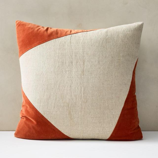 Cotton Linen + Velvet Corners Pillow Cover with Down Insert, Copper, 24"x24"