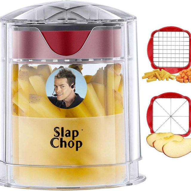 Slap Chop French Fry Potato Cutter Onion Chopper Apple Dicer - Easily Cut in Seconds - Stainless Steel Blades - No Mess Container - Slice French Fries, Fruit, and More - Dishwasher Safe