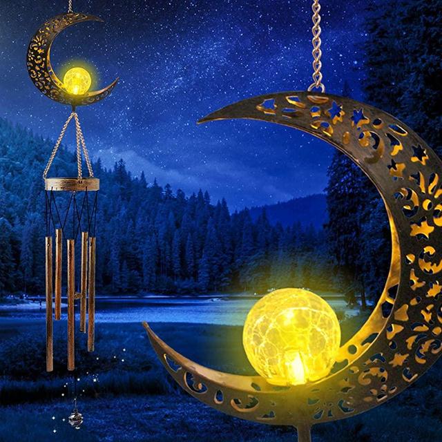 GREKEE Moon Crackle Glass Ball Solar Wind Chimes Outdoor Romantic Moon Decor Windchime Sympathy Wind Chimes Mobile Solar Garden Lights Unique Memorial Gifts for Mom for Women Mother's Day Decor