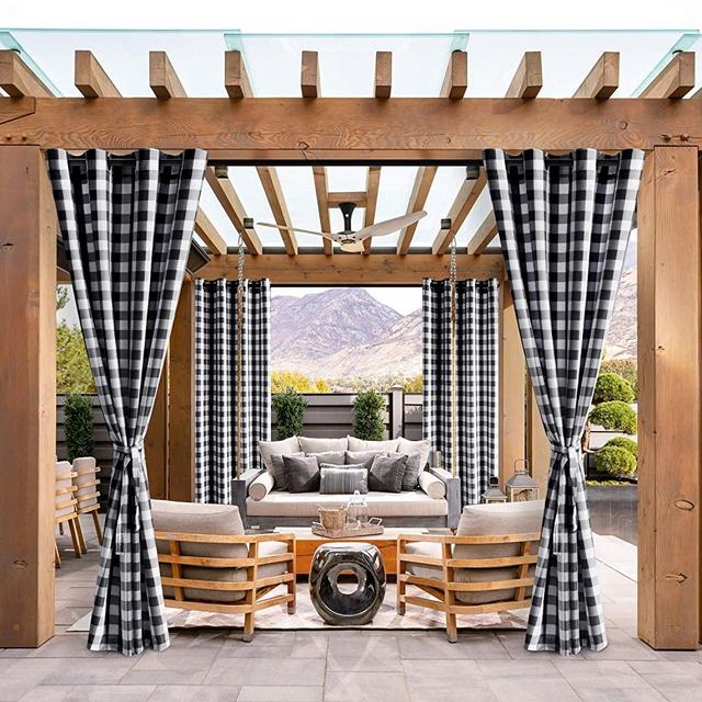 Hiasan Buffalo Plaid Outdoor Curtains for Patio Waterproof - Grommet Semi Sheer Curtains for Gazebo, Porch and Cabana, 52 x 95 Inches Long, Black and White, Set of 2 Panels and 2 Tiebacks