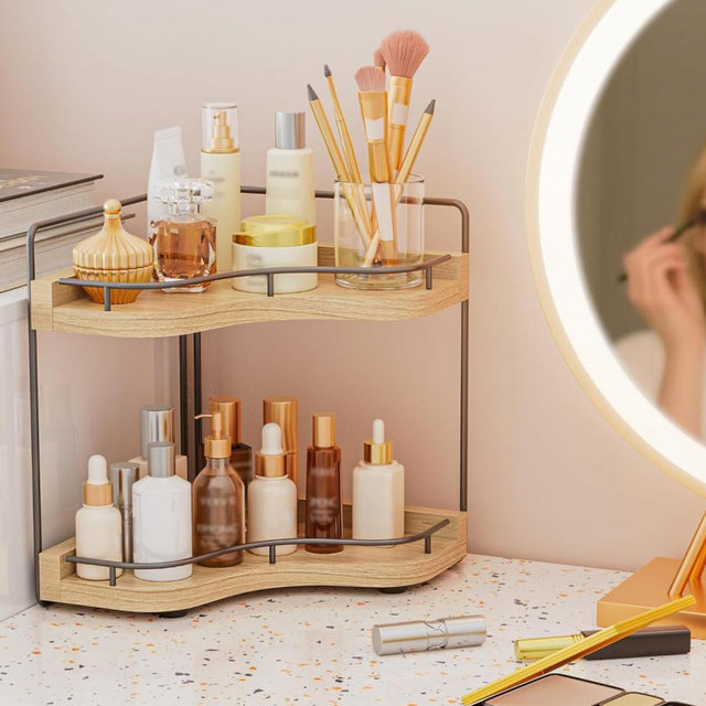 2-Tier Corner Bathroom Counter Organizer with Embedded Screw Holes, Secure & Stable Wood Vanity Shelf for Makeup and Skincare Essentials - Space Saving Bathroom Countertop Storage