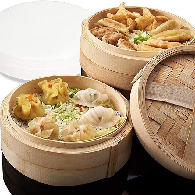 Bamboo Steamer Basket - 10 INCH Bamboo Steamer - Dumpling Steamer 100% Natural Bamboo Handmade Vegetable, Dim Sum, Asian Steamer Bamboo Basket - Healthy Cooking - 2 Tier, Lid, 50 Liners, & Chopsticks