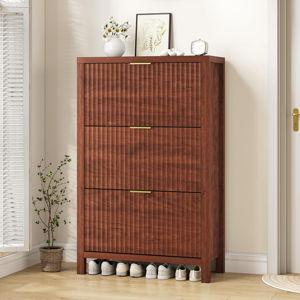YOMILUVE Shoe Cabinet Storage for Entryway, Fluted Shoe Cabinet with 3 Flip Drawers, Hidden Shoe Rack Tall Freestanding Shoe Organizer with Legs for Hallway, Walnut