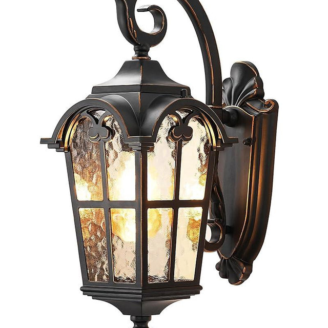 DEWENWILS Outdoor Wall Light Fixtures, Black Roman 17.7" H Exterior Wall Lantern, Anti-Rust & Waterproof, Water Ripple Glass, Outside Wall Sconce Porch Light for House, Garage