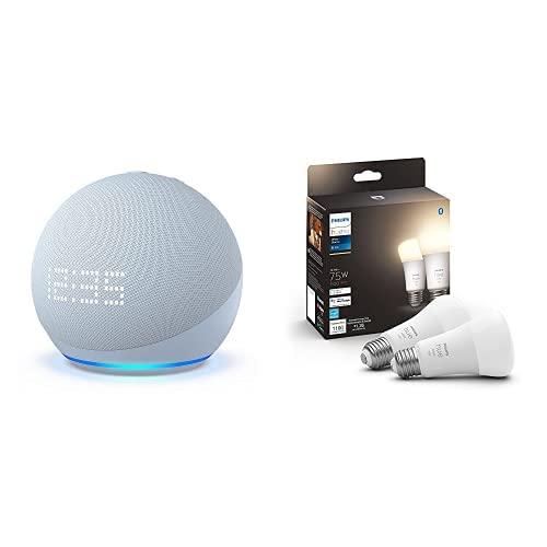 Echo Dot (5th Gen) with Clock | Cloud Blue with Philips Hue 2-Pack White Smart Bulbs