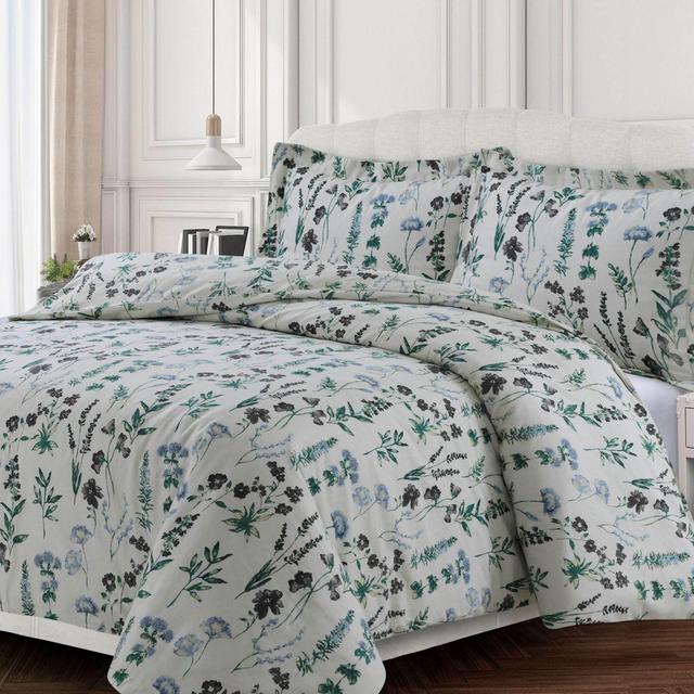 Tribeca Living Floral Flannel Queen Duvet Cover Set in Green