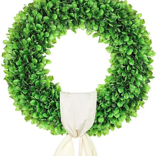DDHS 24 Inch Large Boxwood Wreath for Front Door, Round Artificial Spring Summer Greenery Wreath with Hello Sign & Sash, Green Wreaths for Farmhouse Wedding Year Round Indoor Outdoor Home Decor