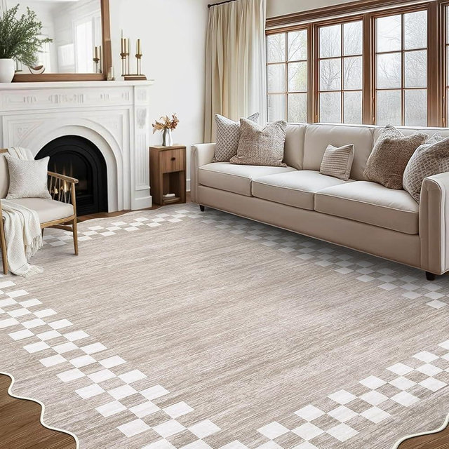 GarveeHome Scalloped Washable Rug 9x12 Area Rug for Living Room Modern Border Large Bedroom Throw Carpet with Rubber Backing Stain Resistant Boho Rug for Dining Room Home Decor Office, Fog