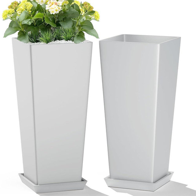 TUYOHW Set of 2 Large Tall Planter for Indoor or Outdoor 24" Tall Flower Pots Tapered Tall Planters with Tray for Porch, Patio, Backyard, Large Planters for Outdoor Indoor Plants(White)