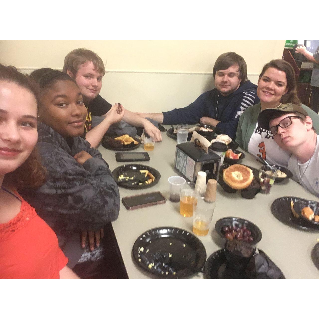 Our first midnight breakfast at Campbell. This is a Campbell tradition the night before exams start we all get together and have a big breakfast meal (and a get a free t-shirt).