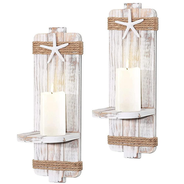 Distressed Starfish Wall Candle Sconces (Set of 2) - Beach Decor, Ocean Themed Wall-Mount Candleholders, Nautical Style Beach Bathroom Decor, Coastal Farmhouse Seashell Candle Holders