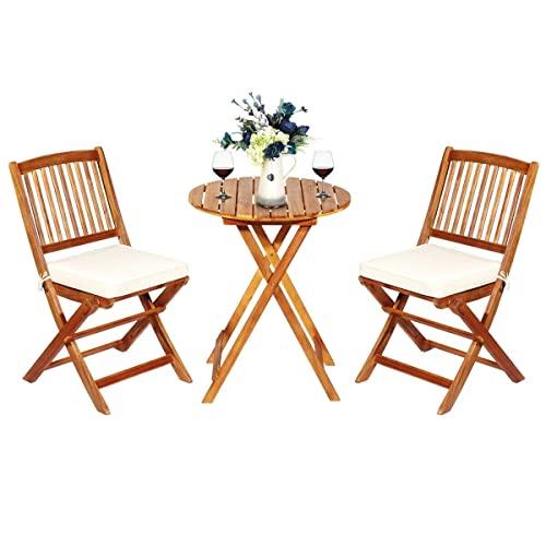 Tangkula 3 PCS Patio Folding Bistro Set, Outdoor Acacia Wood Chair and Table Set w/Padded Cushion& Round Coffee Table, Ideal for Indoor Patio Poolside Garden (Cream)