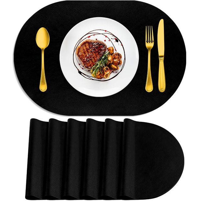 ADRIMER Placemats, Heat Resistant Oval Placemats Set of 6 Washable 12 x 17 Inch, Waterproof Table Mats, Wipeable Pu Place Mats for Kitchen, Dining Room, Black